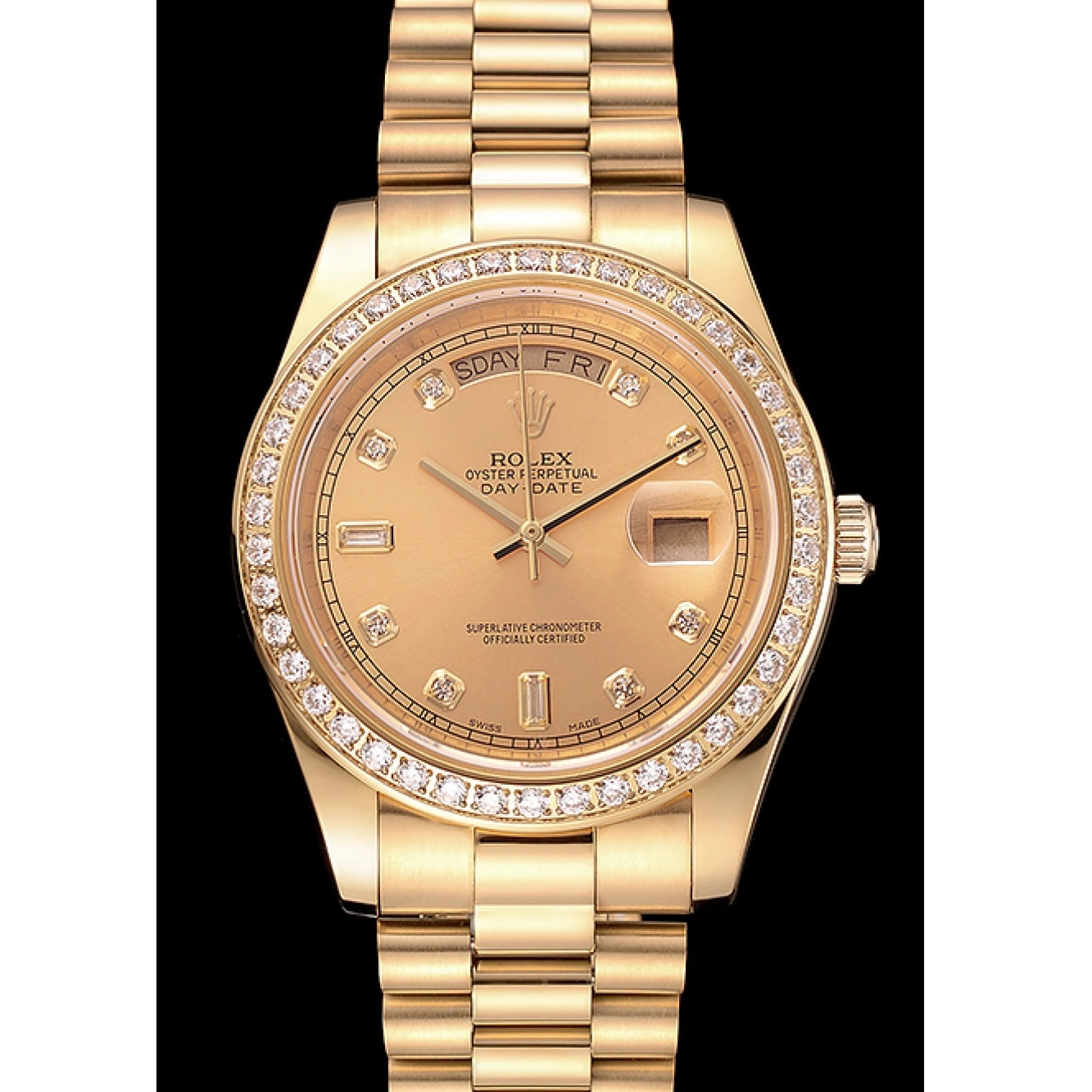 Aaa replica watch Champagne Rolex Gold Dial Day-Date Bezel Diamond Bracelet Swiss 1454099 0623
